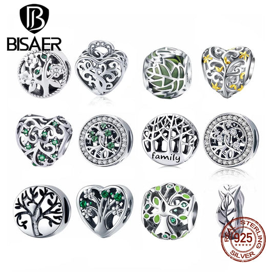 BISAER 100% 925 Sterling Silver Tree Of Life Charms Beads Life Family Fit Women Original DIY Bracelet Necklace Fine Jewelry Gift