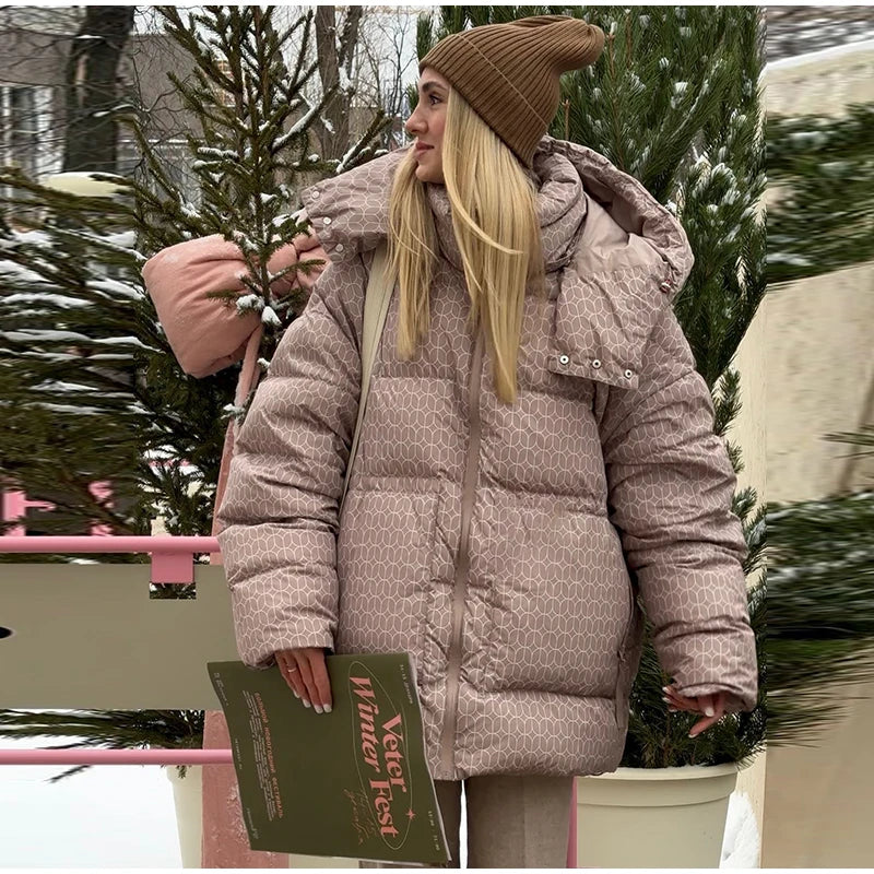Print Puffy Women Winter Coats Casual Hooded Zipper Pocket Parkas Padded Jackets Vintage Lightweight Lady New In Outerwear