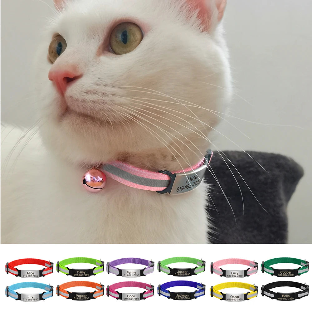 Reflective Cat Collar Engraved Safe Cats Kitten Collars with Bell Puppy Pet Necklace Accessories for Cat Small Dog Chihuahua