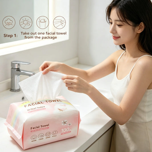 100 reusable, thick, pearl-patterned face towels. A cleaner alternative to regular towels, suitable for both dry and wet use.
