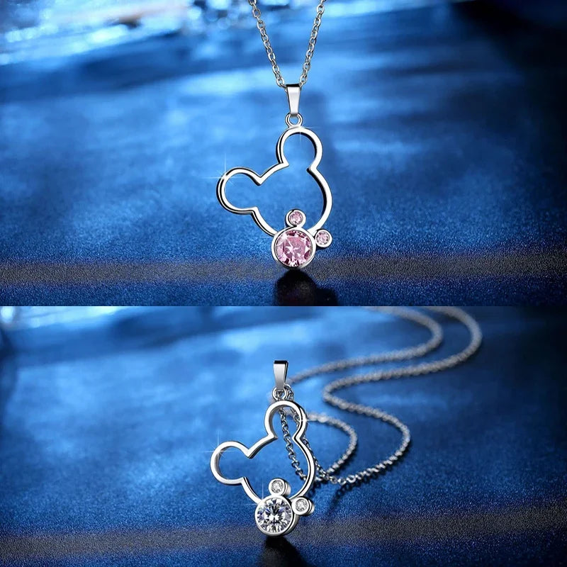 Disney Rose Silver Color Mickey Mouse Necklace for Girls Anime Clear Pink Crystal Minnie Rings Women Jewelry Kids Birthday Gifts