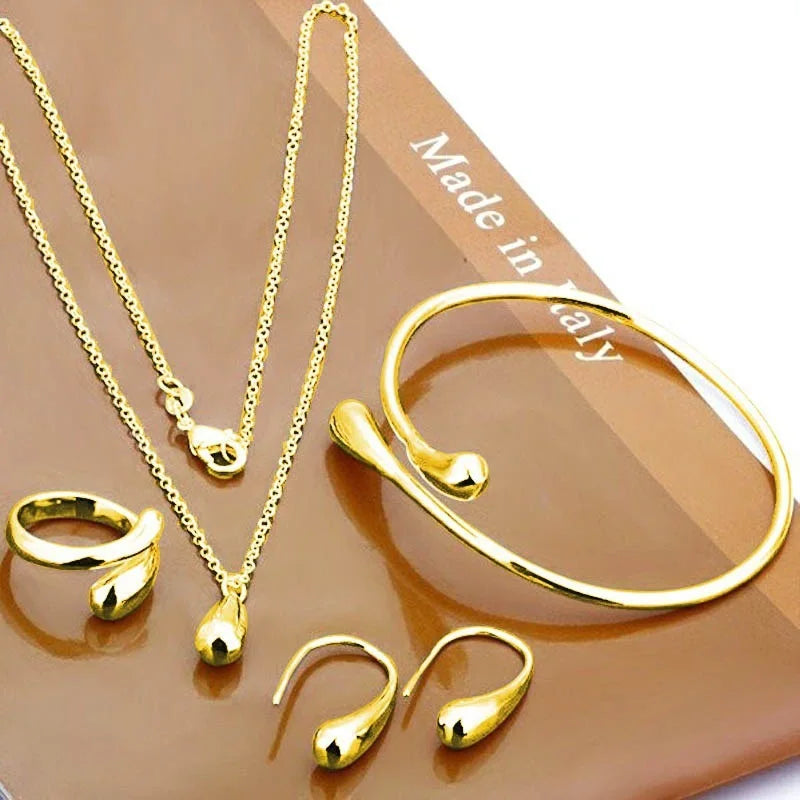 4Pcs Gold Color Water Drop Necklace Earrings Ring Bracelet Jewelry Set for Women Simple Fashion Women's Party Accessories Gifts