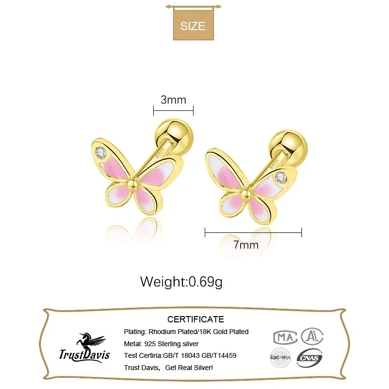 TrustDavis Real 925 Sterling Silver Fashion Sweet INS Butterfly Bear Screw Stud Earrings For Daughter Girls Fine Jewelry DG0013