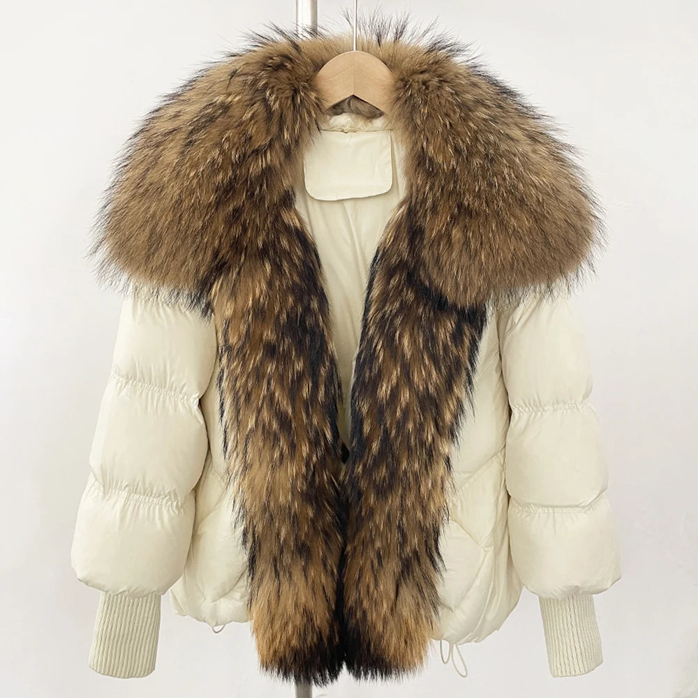 Puffer Coat Women Knit Sleeve Real Fur Coat New Winter Large Real Raccoon Fur White Duck Down Jacket Oversized Feather Parka