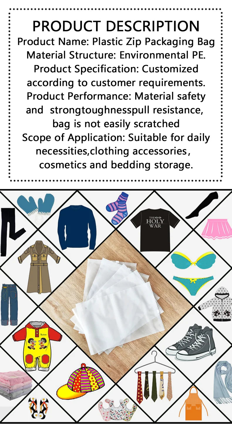 50 Pack Product Printed Logo Frosted Garment Packaging Bags Poly Zipper Travel Storage Underwear Socks Hoodie Ziplock Bags