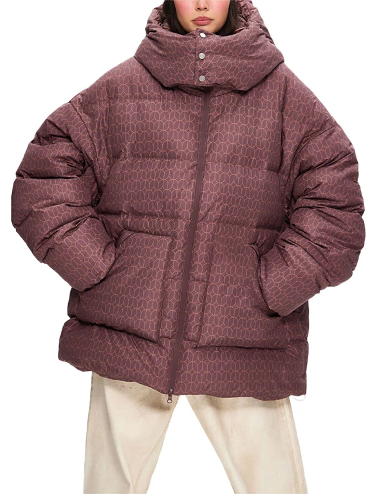 Print Puffy Women Winter Coats Casual Hooded Zipper Pocket Parkas Padded Jackets Vintage Lightweight Lady New In Outerwear