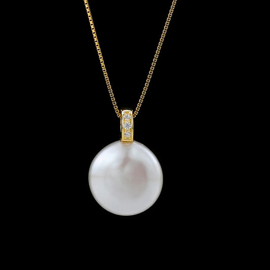 HENGSHENG Simple 12-13mm Freshwater Big Button Shape White Pearl 925 Sterling Silver Pendant Necklace For Women Girls Jewelry