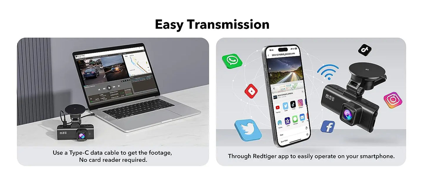 REDTIGER 4K Dash Camera Front and Rear WiFi Car Dvr Dual Car Camera  Easy To Install Car Camera Recorder Touched GPS