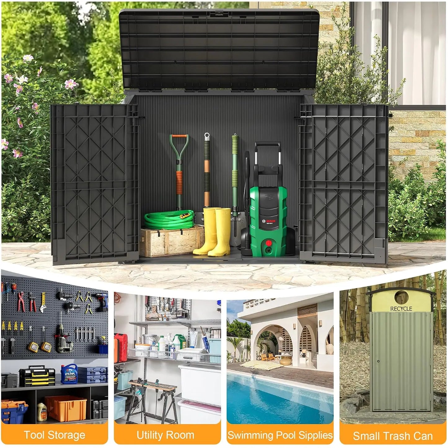 Outdoor Storage Cabinet 37 Cu Ft with Lockable Doors, Portable Horizontal Resin Storage Shed -Easy to Assemble,, Custom