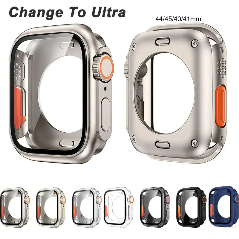 Cover for Apple Watch 9 8 7 45/41mm Case Screen Protector PC Tempered Glass IWatch Series 5 6 Se 44mm 40mm Change To Ultra2 49mm