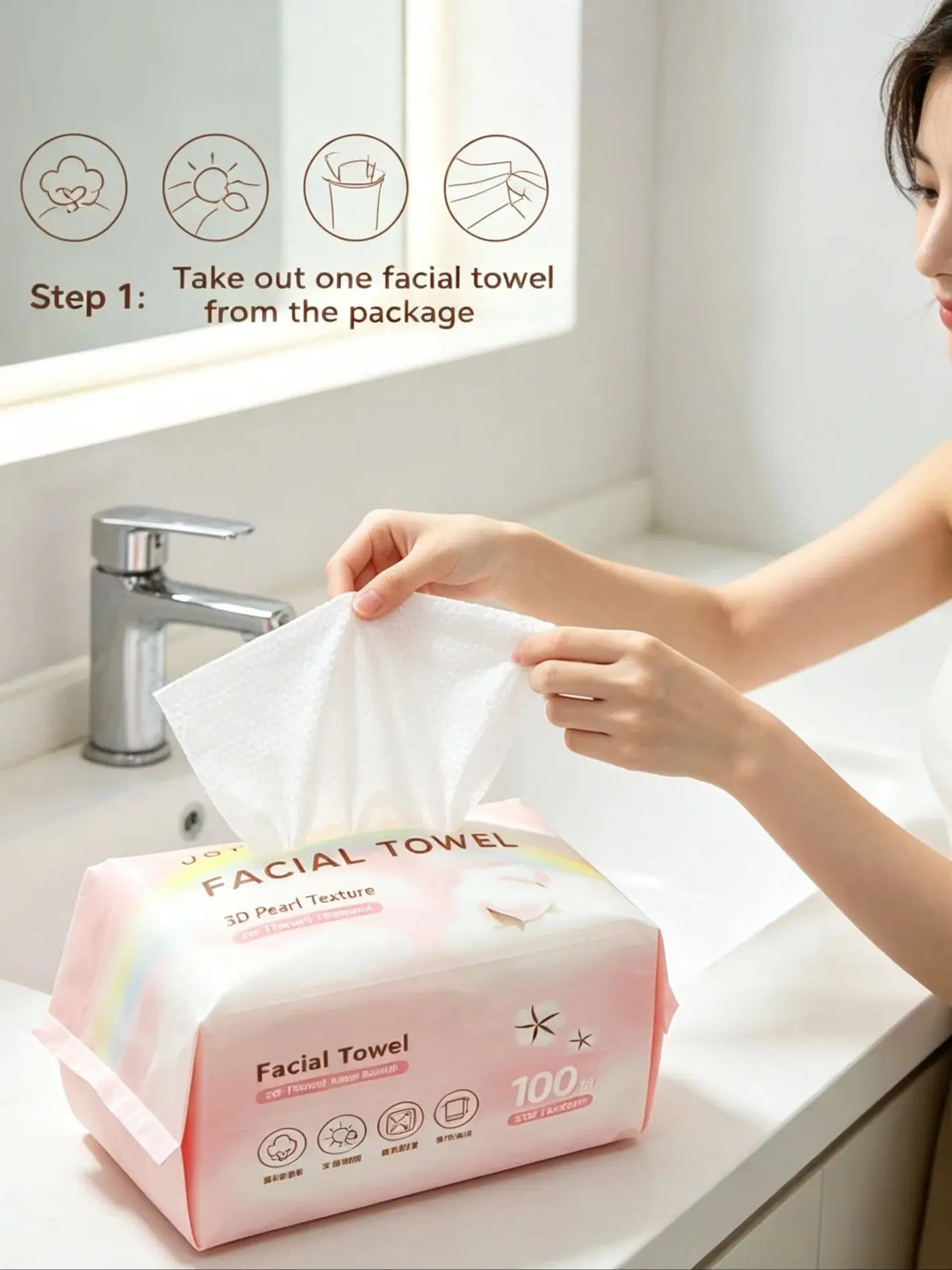 100 reusable, thick, pearl-patterned face towels. A cleaner alternative to regular towels, suitable for both dry and wet use.