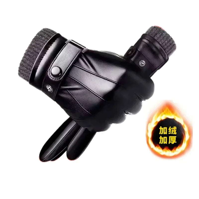 Winter Gloves for Men Genuine Leather Gloves Warm Plus Velvet Touch Screen Gloves Outdoor Cycling Driving Motorcycle PU Gloves