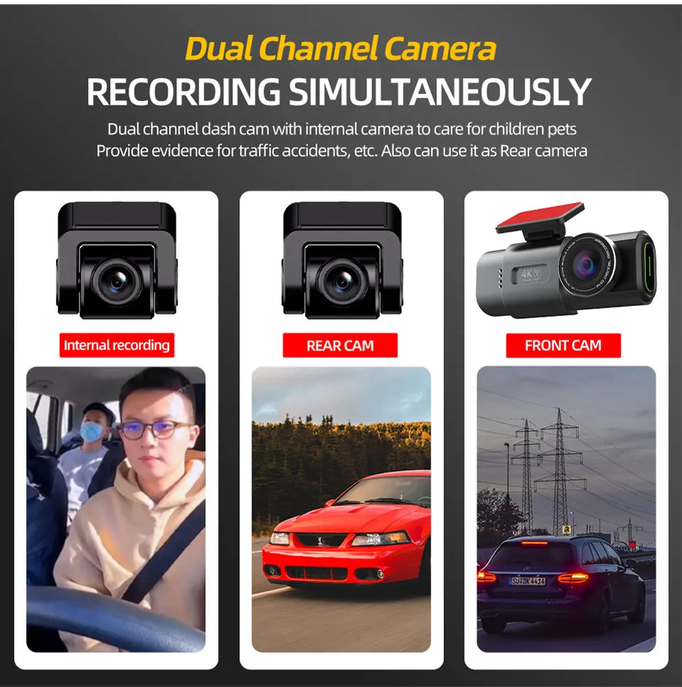 Dash Cam Car Camera Dual Lens 4K UHD Recording DVR Night Vision Video Recorder Built-In Wi-Fi Support GPS 24H Parking Car Camera
