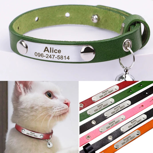 Custom Leather Cat Collar Adjustable Personalized Puppy Cat ID Collars Necklace Engraved Name for Cats Kitten Pet Accessories