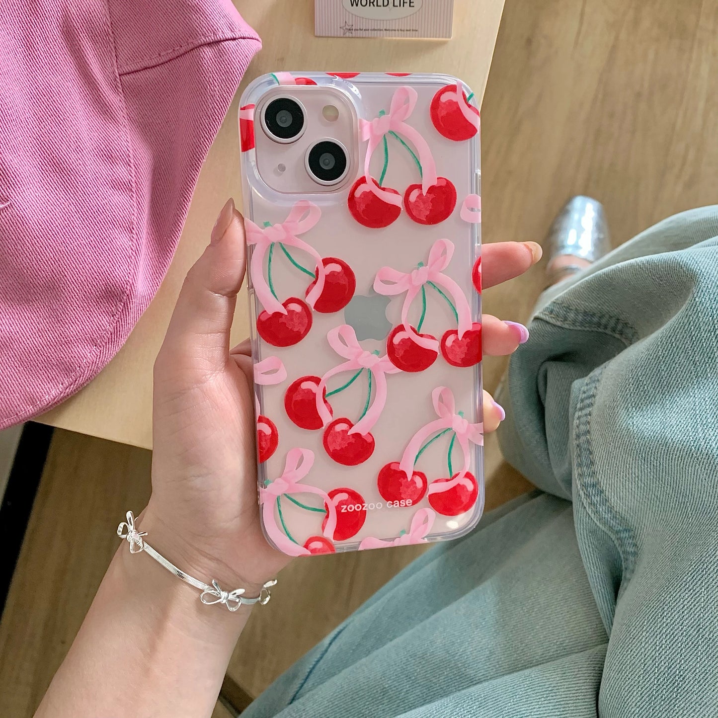 Fruit Pattern Red Cherry Pink Bow Transparent Cover Case For iPhone 15 14 13 12 Pro Max Shockproof Protective Phone Case