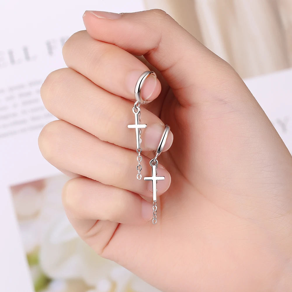 Wholesale S925 Sterling Silver Women Men Fashion Jewelry High Quality Cross Chain Long Tassel Simple Hoop Drop Earrings Gift