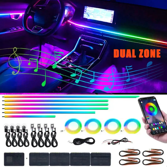 14/18/22 in 1 Car Atmosphere Light Symphony Rainbow RGB Neon 64 Colors App Bluetooth Interior Acrylic Ambient Lights Dual Zone