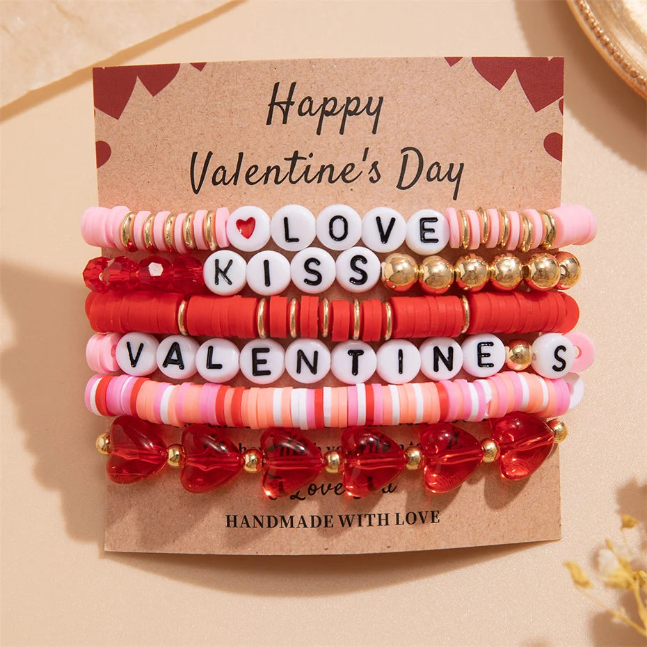 Happy Valentine's Day Card Colorful Polymer Clay Soft Chain Bracelets for Women Kpop Two Heart Bangles Couple Friends Jewelry