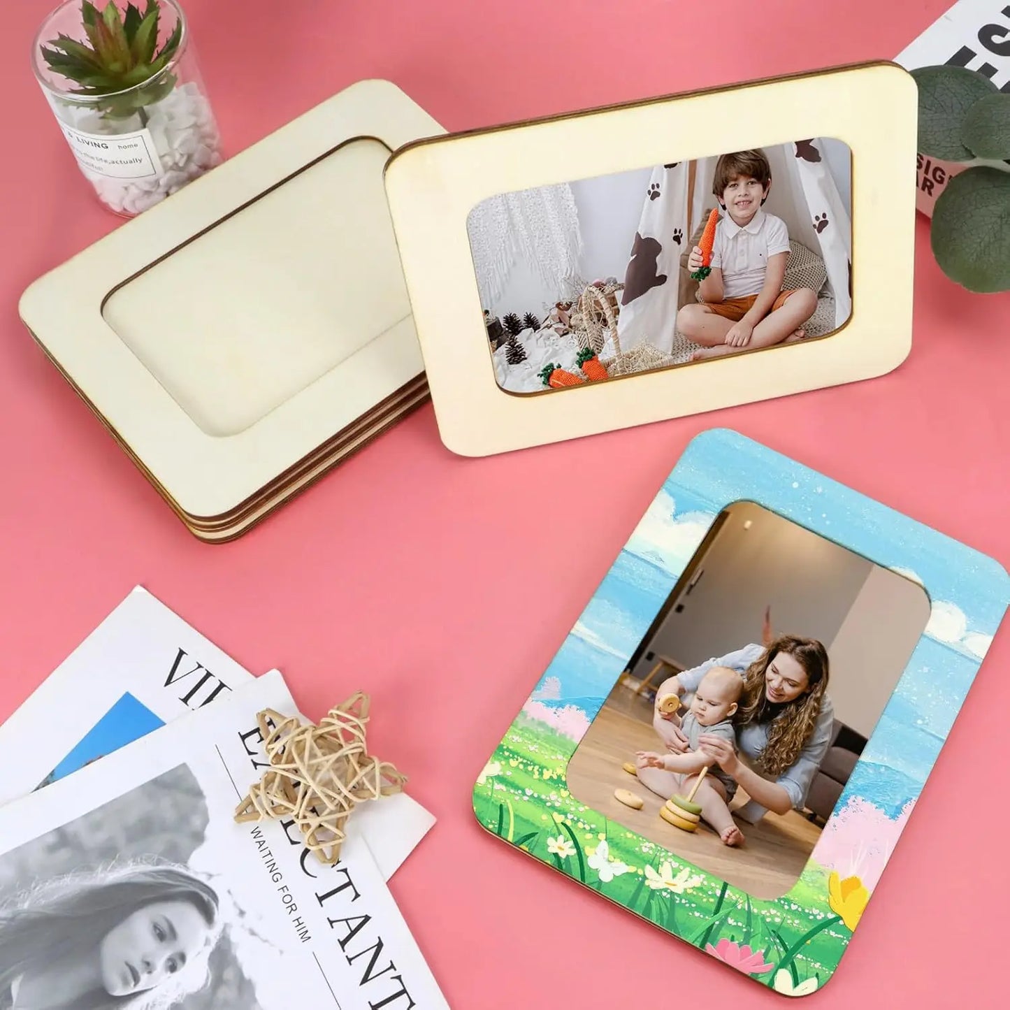15/6pc wood craft photo frames, photo DIY wooden photo frames, unfinished standing photo frames, wooden decorations