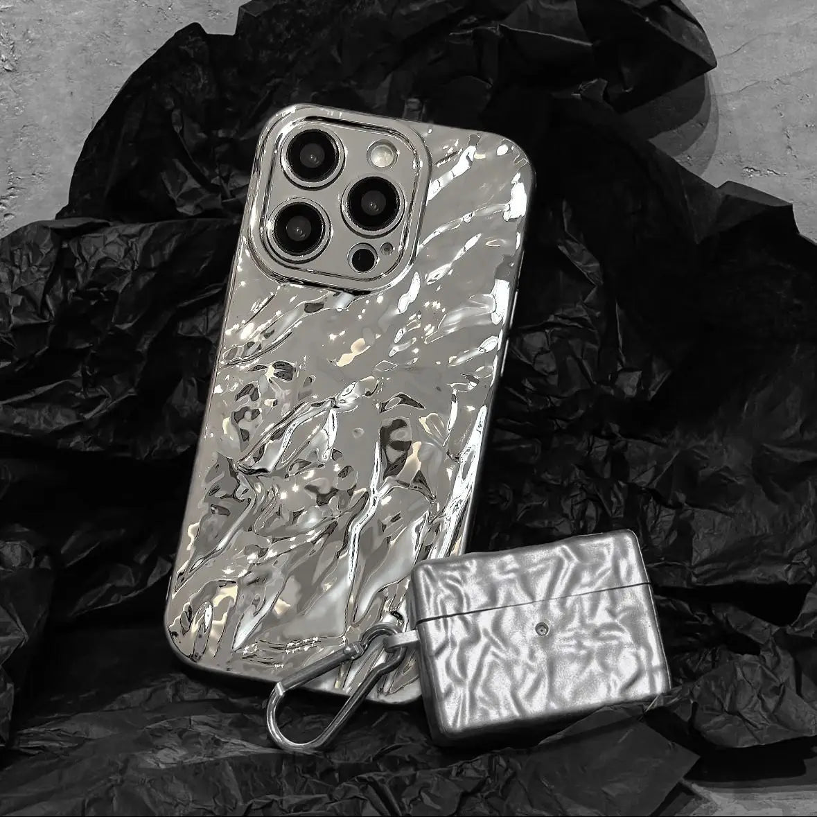 3D Silver Gray Tin Foil Pleated Phone Case For iPhone 15 14 13 12 11 Pro Max Fall prevention Shockproof Fashion Protective Cover