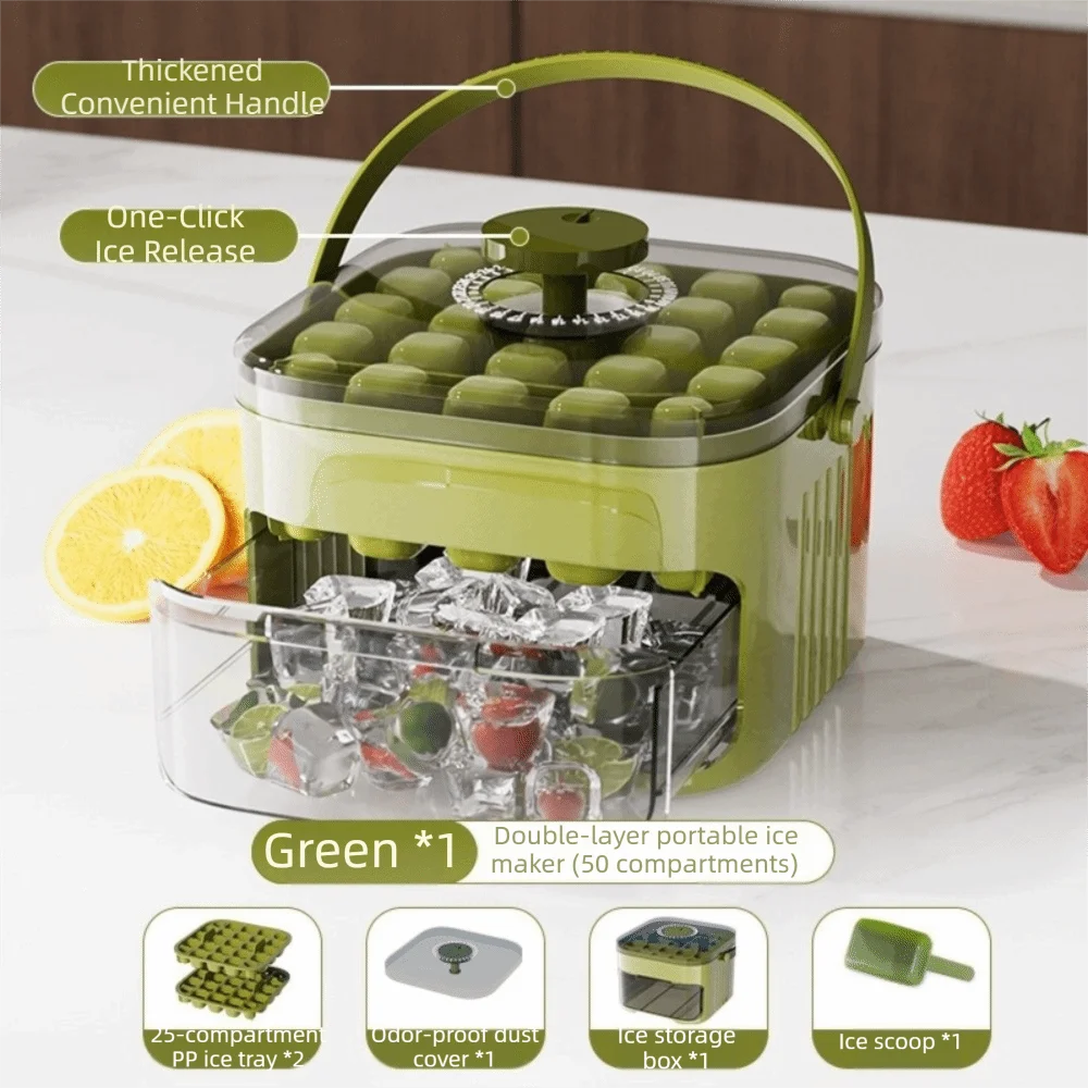 50-Cube Ice Maker with Easy Press Cap Large Capacity Double-layer Ice Cube Machine with Easy-press Lid Reusable Ice Cube Maker