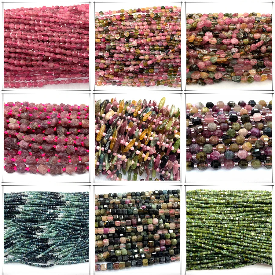 Veemake Natural Tourmaline Faceted Round Rondelle Edge Cube Coin Disc Beads For Jewelry Making DIY Necklace Bracelets Earrings