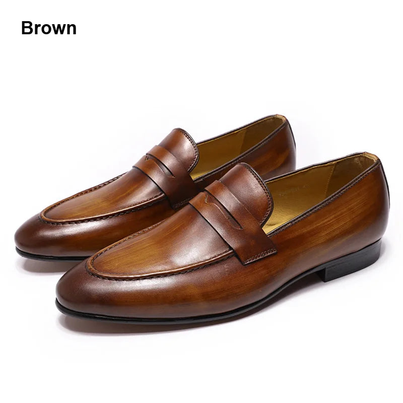 FELIX CHU Mens Penny Loafers Leather Shoes Genuine Leather Elegant Wedding Party Casual Dress Shoes Brown Black Shoes for Men