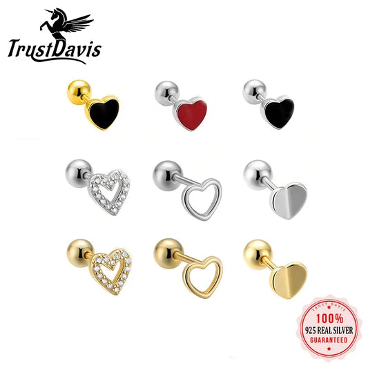 TrustDavis Real 925 Sterling Silver Romantic Heart Bead Screw Stud Earrings For Women Wedding Minimalist Fine Jewelry DS1155