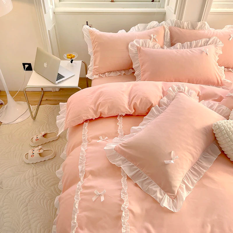 Pink Lace Ruffle Bowknot Duvet Cover Bed Sheet And Pillowcases Luxury Princess Bedding Set For Girls Woman Decor Home