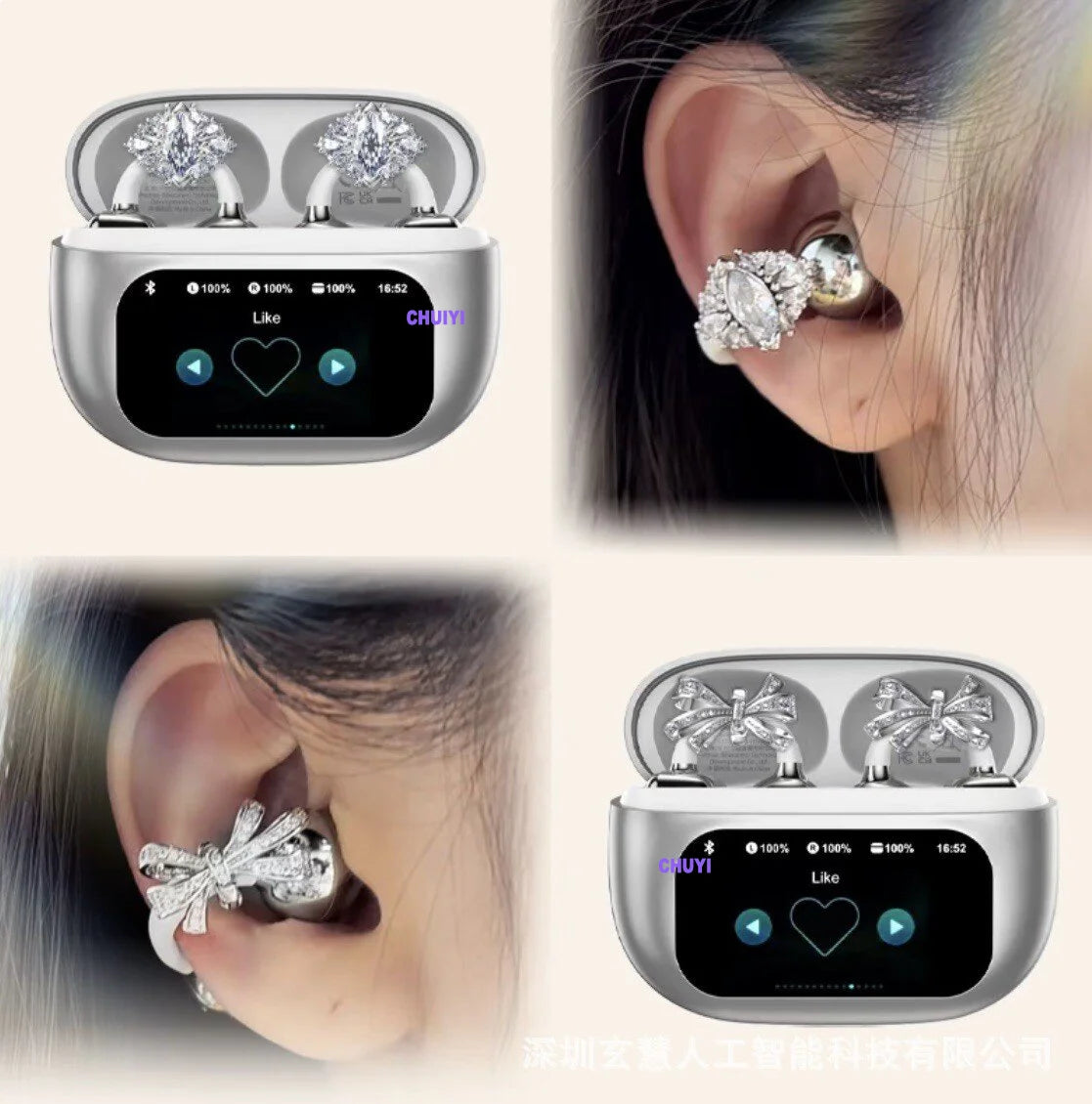 Butterfly Earrings Bluetooth 5.4 Headphone AI Translator Long Battery Life Touch screen Clip on Jewelry Earphones For Girls Gift