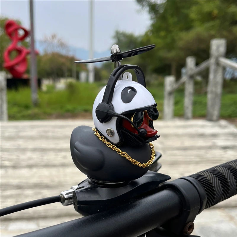 Duck Car Ornaments, Black Duck Car Dashboard Decorations Squeeze Duck Bicycle Horns with Propeller Helmet for Sport Outdoor