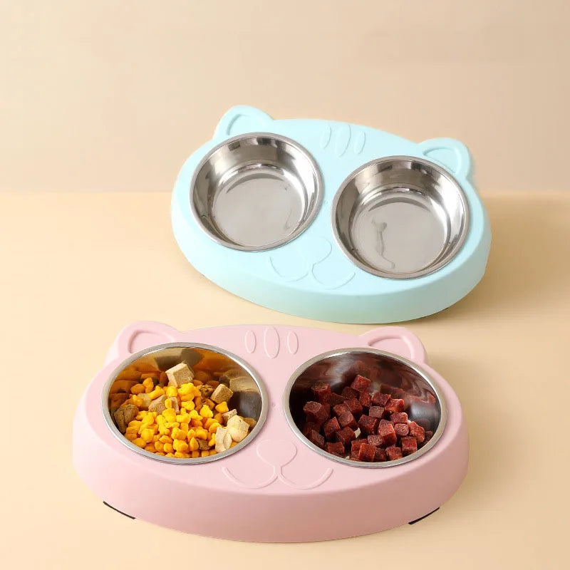 Macaron Pet Double Bowl Plastic Kitten Dog Food Drinking Tray Feeder Cat Feeding Pet Supplies Accessories