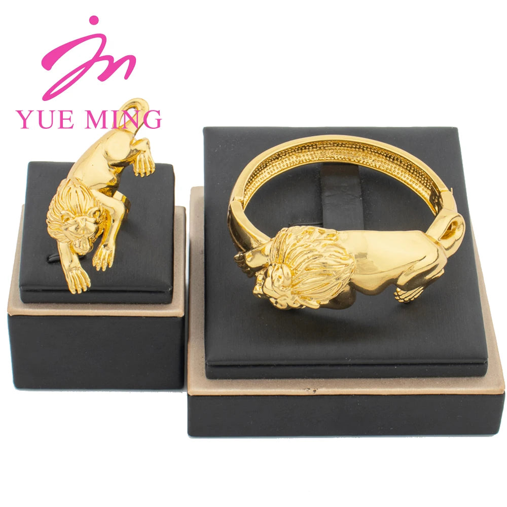 2PCS Jewelry Sets Charm Cuff Bangle with Ring Wedding Party Leopard Bracelet Women Dubai Gold Color Adjustable Ring Jewelry Gift