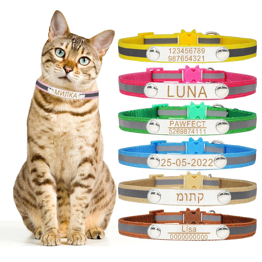 Reflective Cat Collar Custom Engraved ID Personalized with Bell Puppy Pet Breakaway Necklace Accessories Nameplate Collar
