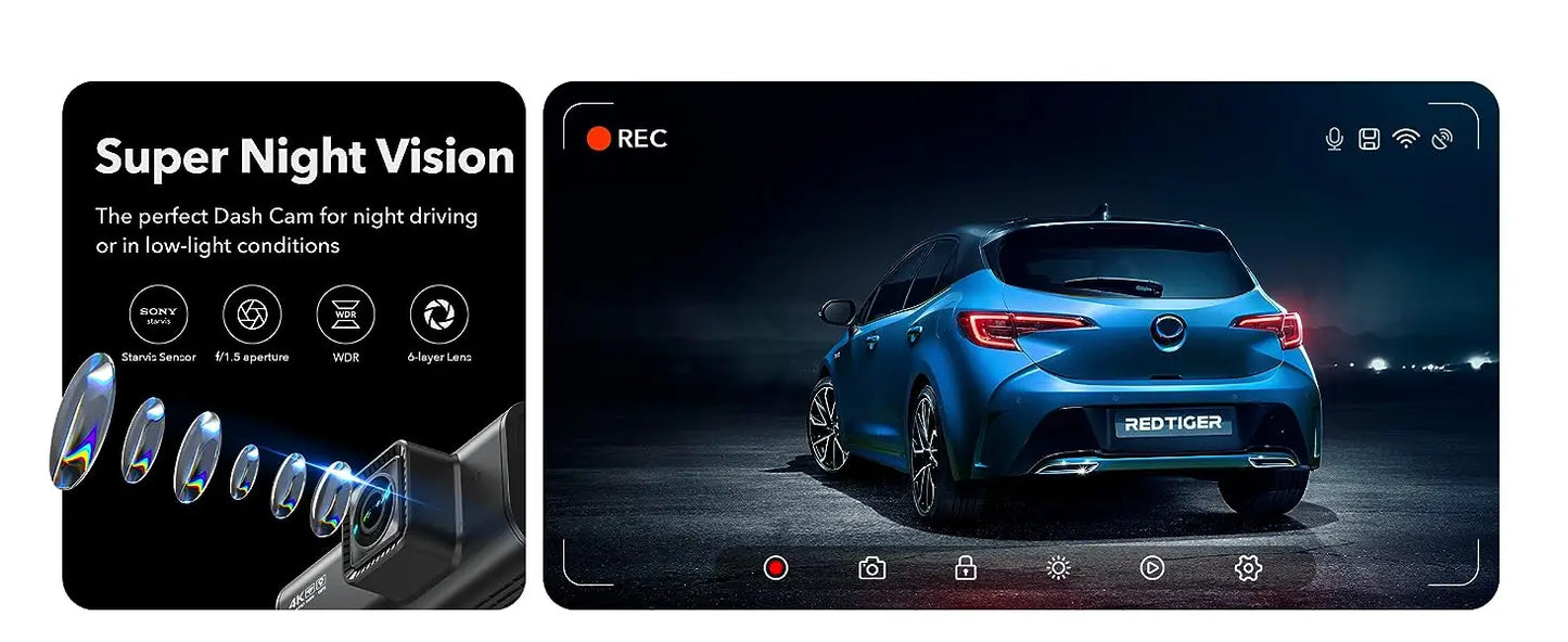 REDTIGER 4K Dash Camera Front and Rear WiFi Car Dvr Dual Car Camera  Easy To Install Car Camera Recorder Touched GPS