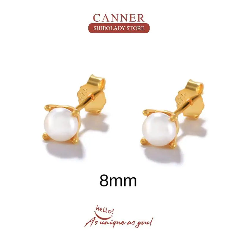 CANNER  4 5 6 8mm Pearl 925 Sterling Silver  Earring For Women Stud Earrings Piercing Oreille 18K Gold Fine Jewelry Mom Gift