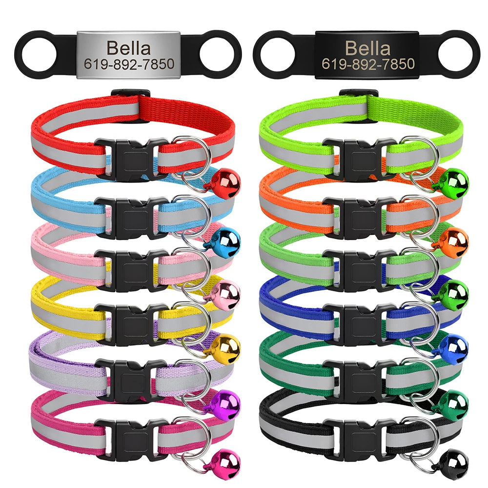 Reflective Cat Collar Engraved Safe Cats Kitten Collars with Bell Puppy Pet Necklace Accessories for Cat Small Dog Chihuahua