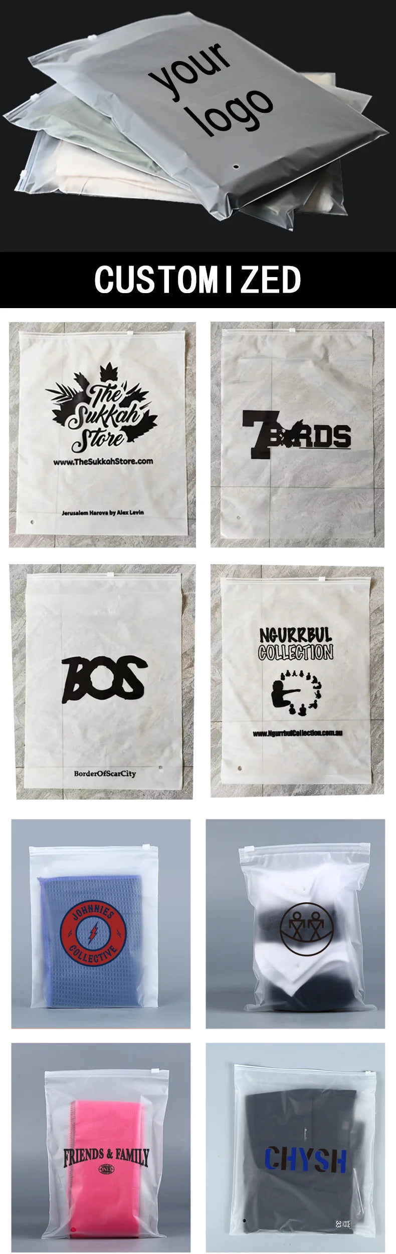 50 Pack Product Printed Logo Frosted Garment Packaging Bags Poly Zipper Travel Storage Underwear Socks Hoodie Ziplock Bags