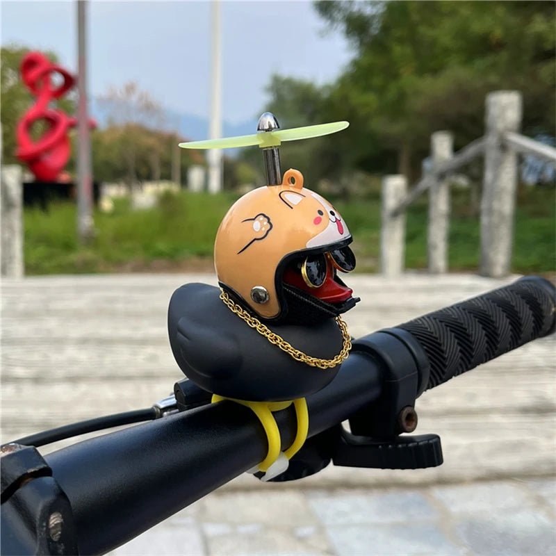 Duck Car Ornaments, Black Duck Car Dashboard Decorations Squeeze Duck Bicycle Horns with Propeller Helmet for Sport Outdoor
