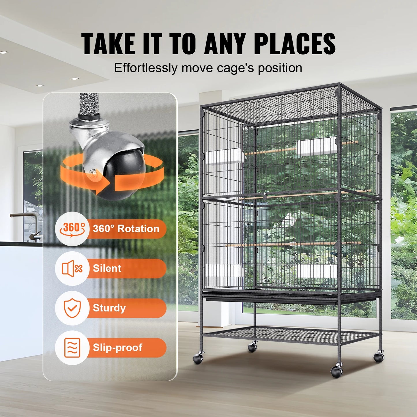 VEVOR 52/54 inch Standing Large Flight Bird Cage Carbon Steel Parakeets Cages with Rolling Stand and Tray for Cockatiels Parrots