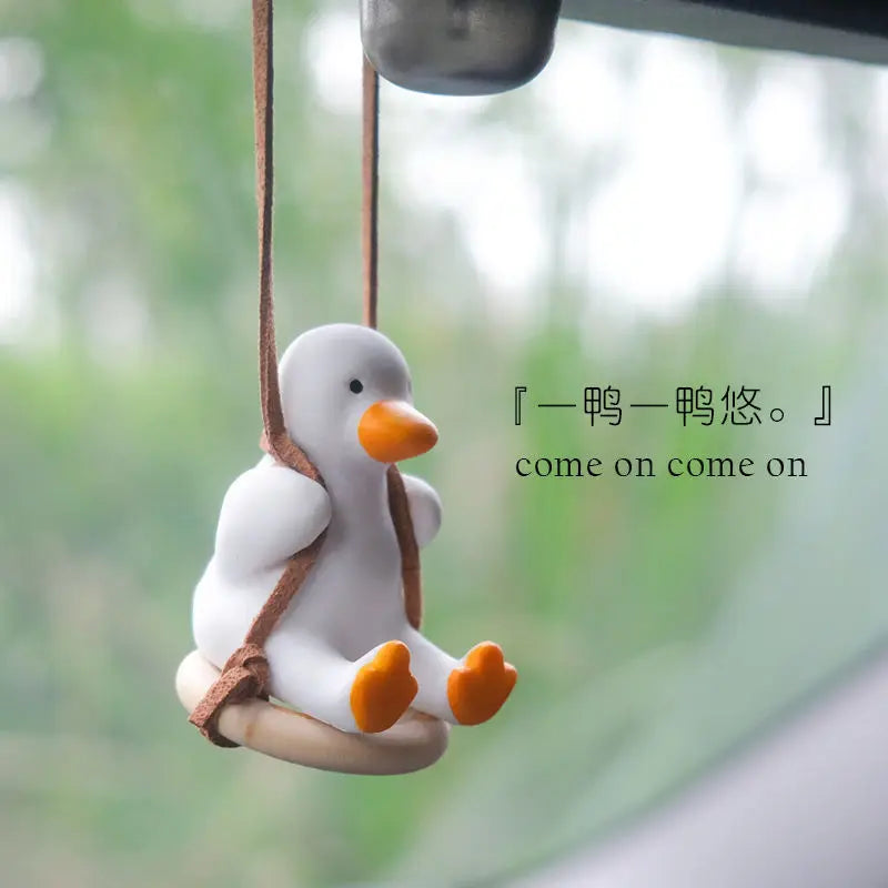 Anime Pink Swing Duck Car Decoration Pendant Cute Auto Rearview Mirror Hanging Ornament For Women Car Ineriror Accessories