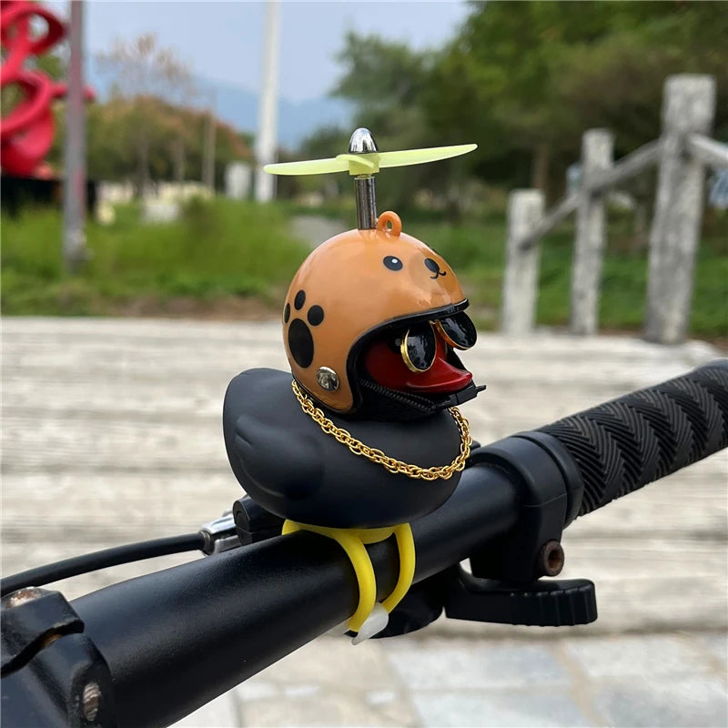 Duck Car Ornaments, Black Duck Car Dashboard Decorations Squeeze Duck Bicycle Horns with Propeller Helmet for Sport Outdoor
