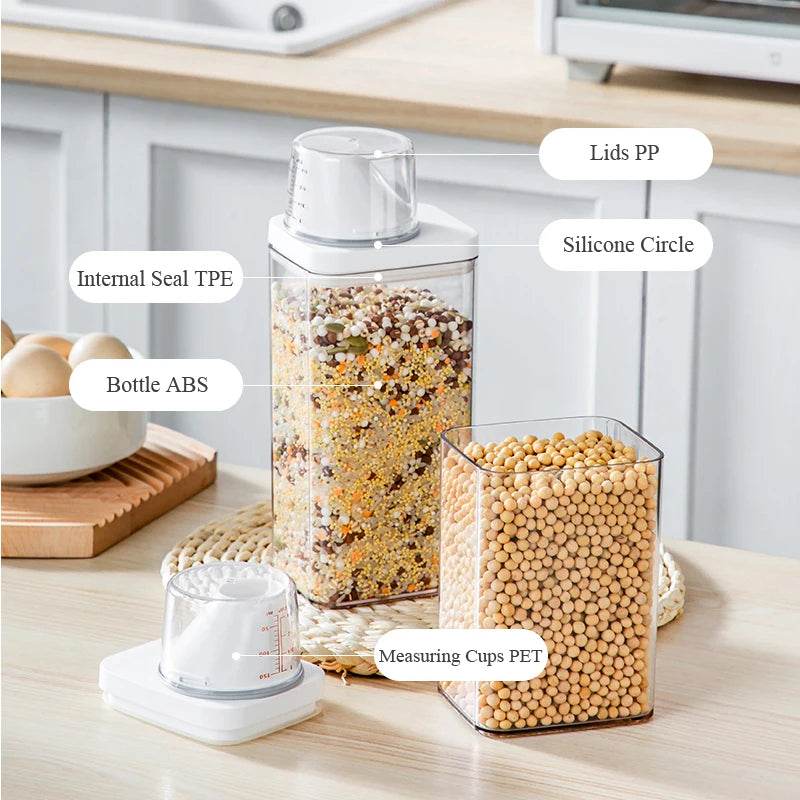 Airtight Food Storage Containers Plastic Organizer Box Cereal Dispenser Grain Storage Tank with Measuring Cup Kitchen Organizer