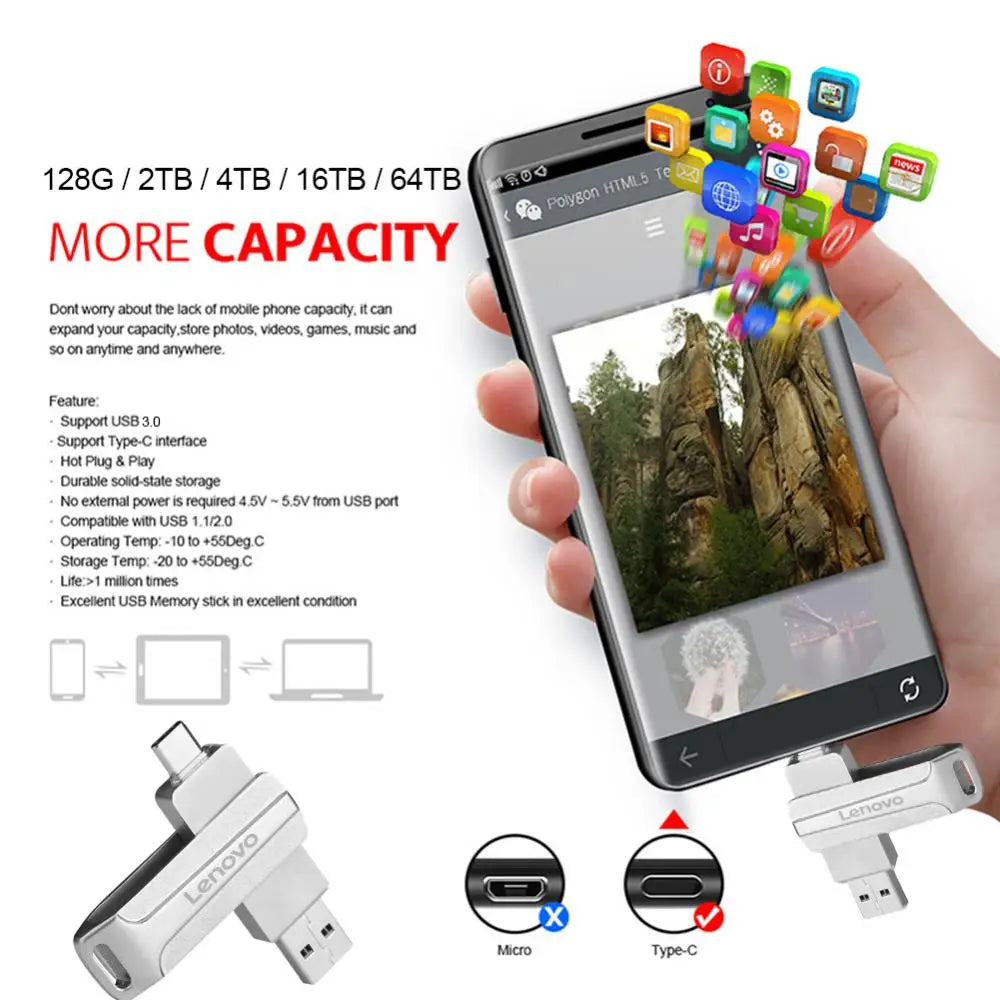 Lenovo 2TB Metal USB Memory Flash Drive 3.0 1TB 128GB High Speed USB Memories 128GB Waterproof OTG Pen Drive Ideas Gift