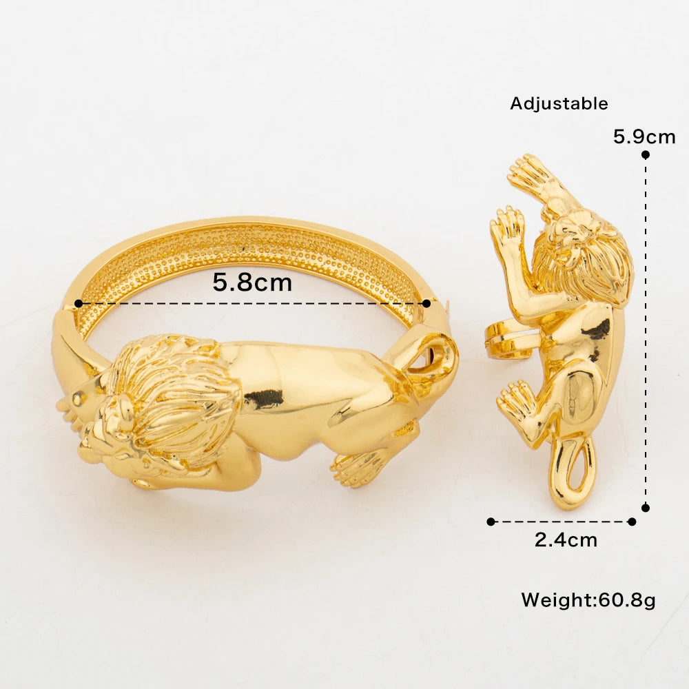 2PCS Jewelry Sets Charm Cuff Bangle with Ring Wedding Party Leopard Bracelet Women Dubai Gold Color Adjustable Ring Jewelry Gift