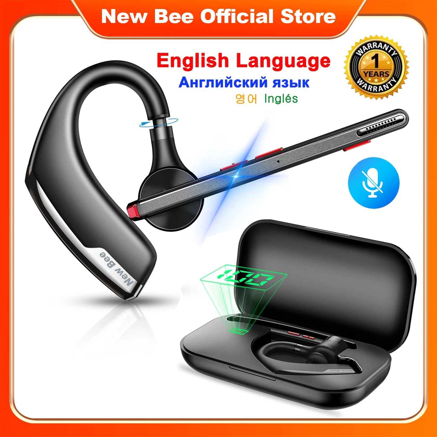 New Bee M51 Wireless Bluetooth 5.2 Headset with 500mAh Battery Dual-Mic CVC8.0 Noise Cancelling Business Driving Earbuds Mute