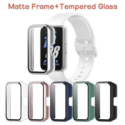 For Samsung Fit 3 Glass+Matte Frame Watch Protector Case All Around PC Shell Hard Bumper For Samsung Galaxy Fit3 Screen Cover