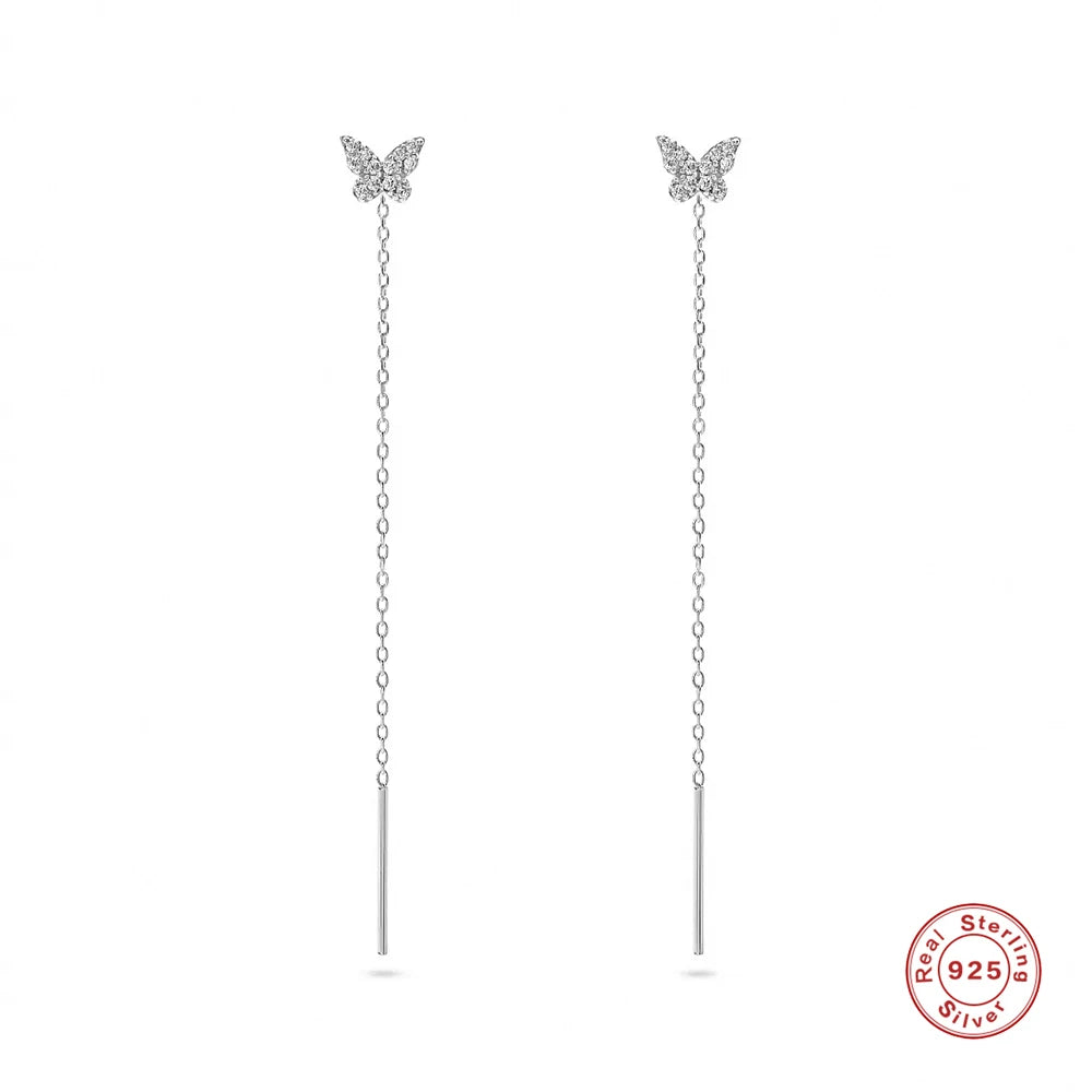 Aide 925 Sterling Silver Shiny CZ Zircon Butterfly Stud With Long Chain Tassel Pin Front Back Dangle Earrings For Women Party