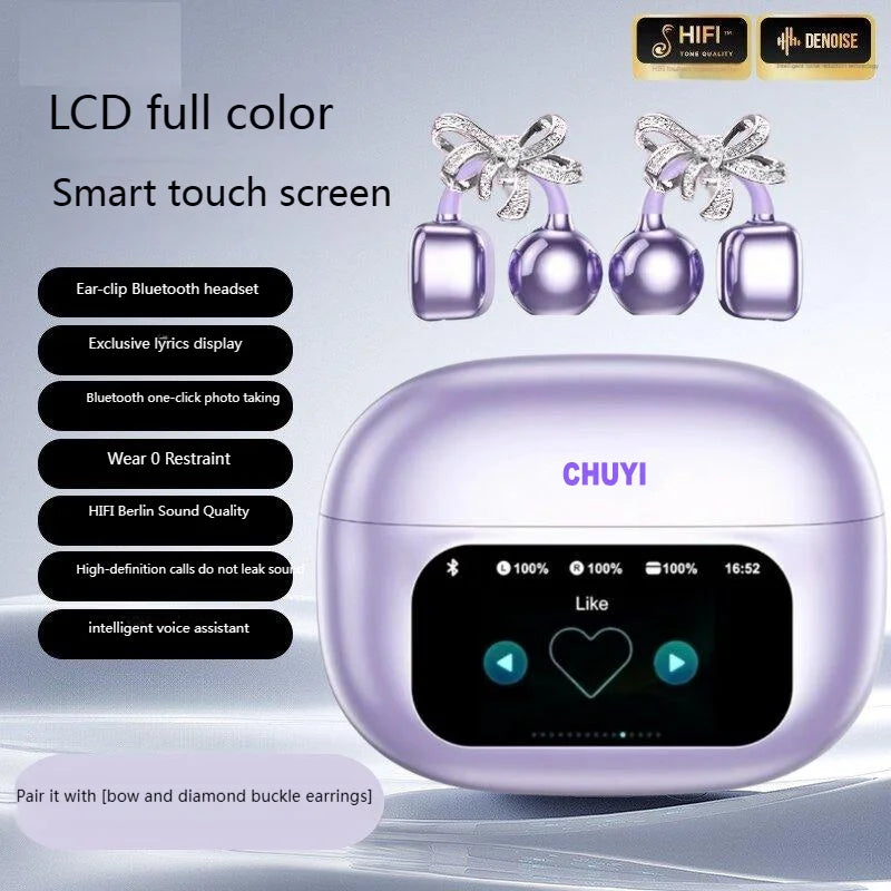 Butterfly Earrings Bluetooth 5.4 Headphone AI Translator Long Battery Life Touch screen Clip on Jewelry Earphones For Girls Gift