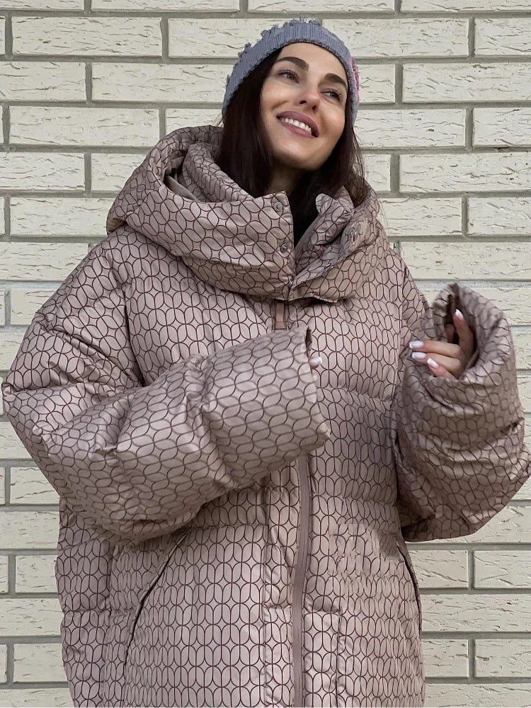 Print Puffy Women Winter Coats Casual Hooded Zipper Pocket Parkas Padded Jackets Vintage Lightweight Lady New In Outerwear